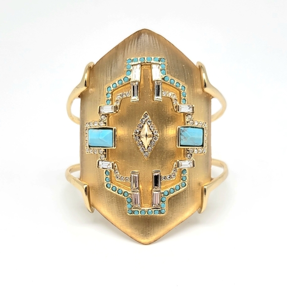 Alexis Bittar Phoenix Deco Gold Lucite Swarovski Crystal + Turquoise Cuff - Picture 4 of 14